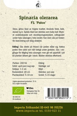 Spenat, 'Palco' F1, Ekologisk